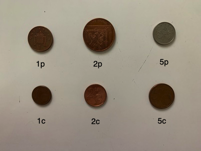 Three lowest denomiation coins in Euro and Sterling